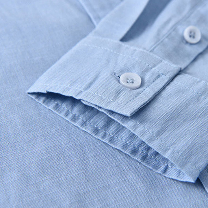 Camisa informal de lino y algodón de color puro con cuello alto y manga larga para hombre de Buddha Stones - image 14