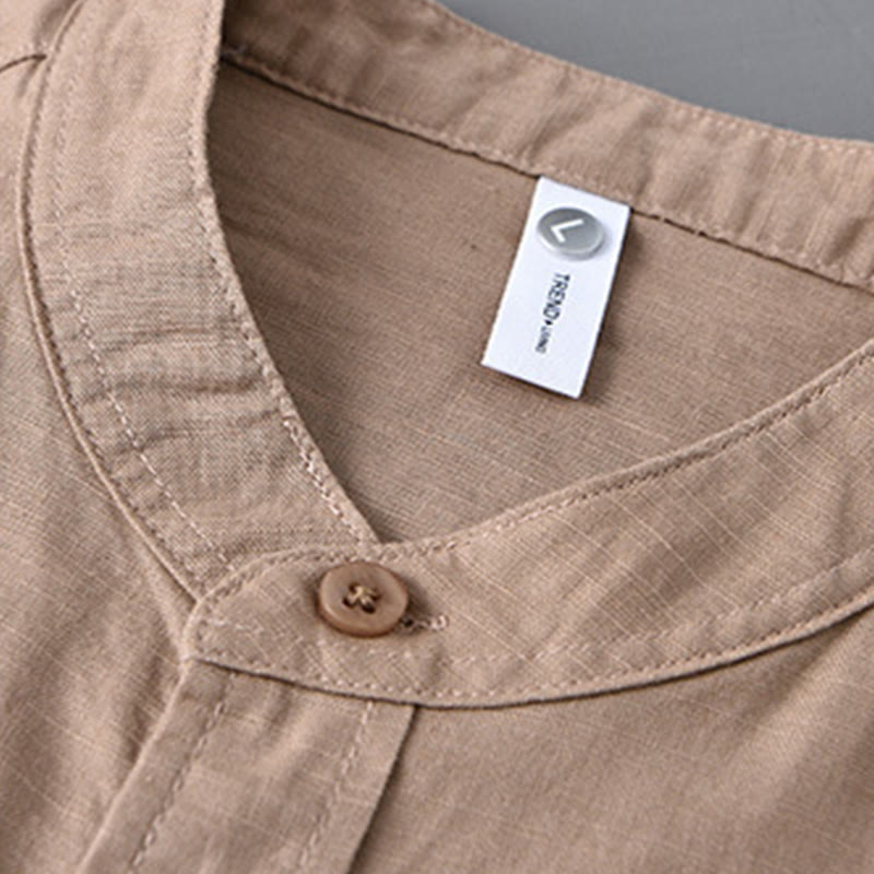 Camisa informal de lino y algodón de color puro con cuello alto y manga larga para hombre de Buddha Stones - image 31