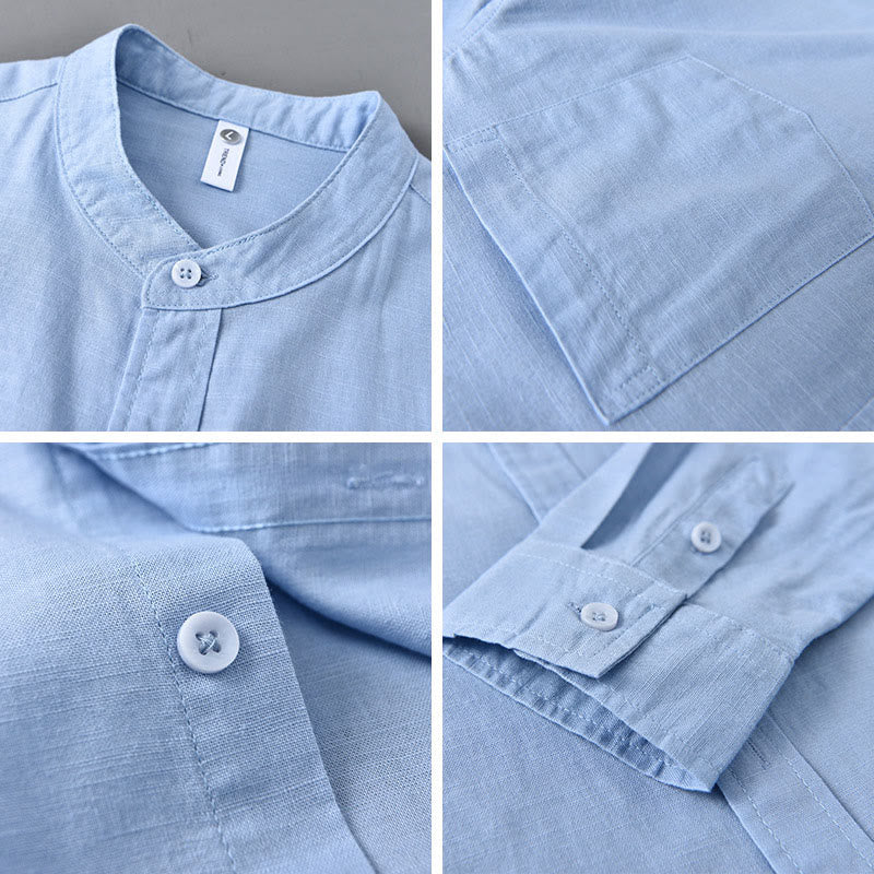 Camisa informal de lino y algodón de color puro con cuello alto y manga larga para hombre de Buddha Stones - image 10