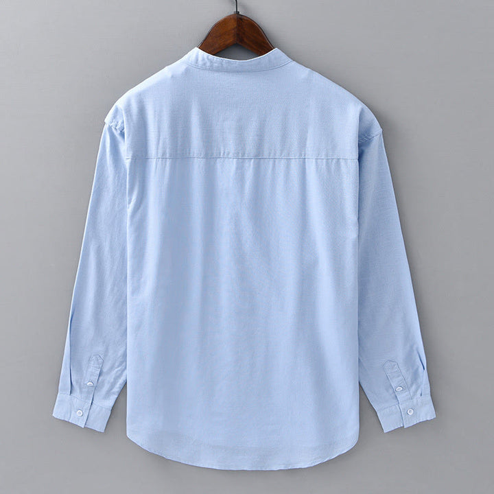Camisa informal de lino y algodón de color puro con cuello alto y manga larga para hombre de Buddha Stones - image 12