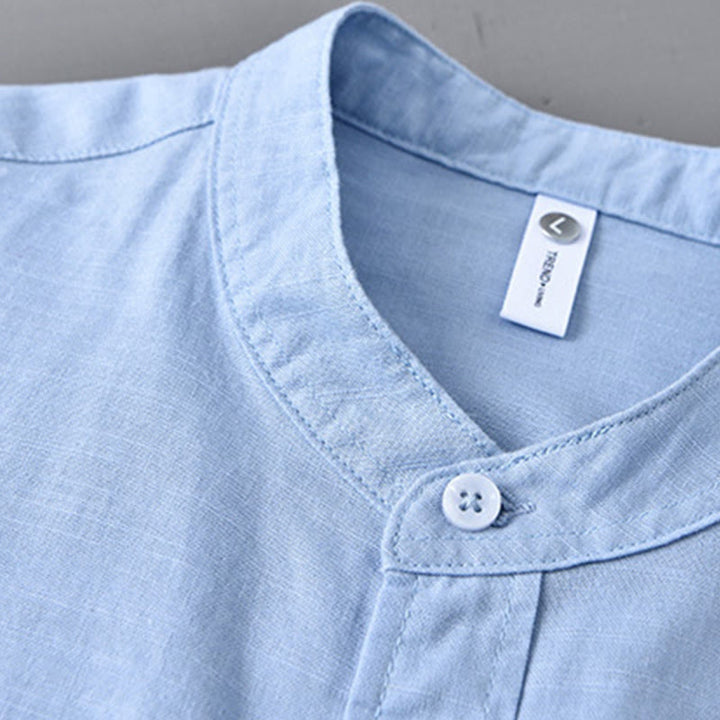 Camisa informal de lino y algodón de color puro con cuello alto y manga larga para hombre de Buddha Stones - image 13