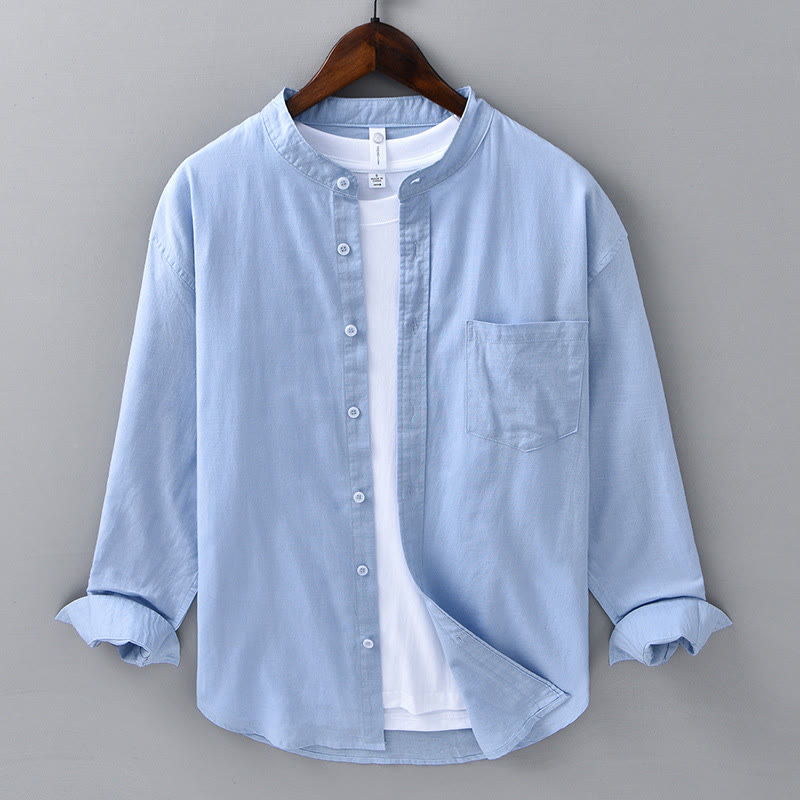 Camisa informal de lino y algodón de color puro con cuello alto y manga larga para hombre de Buddha Stones - Azul cielo claro - US/UK/AU40, UE50 (3XL) - image 9