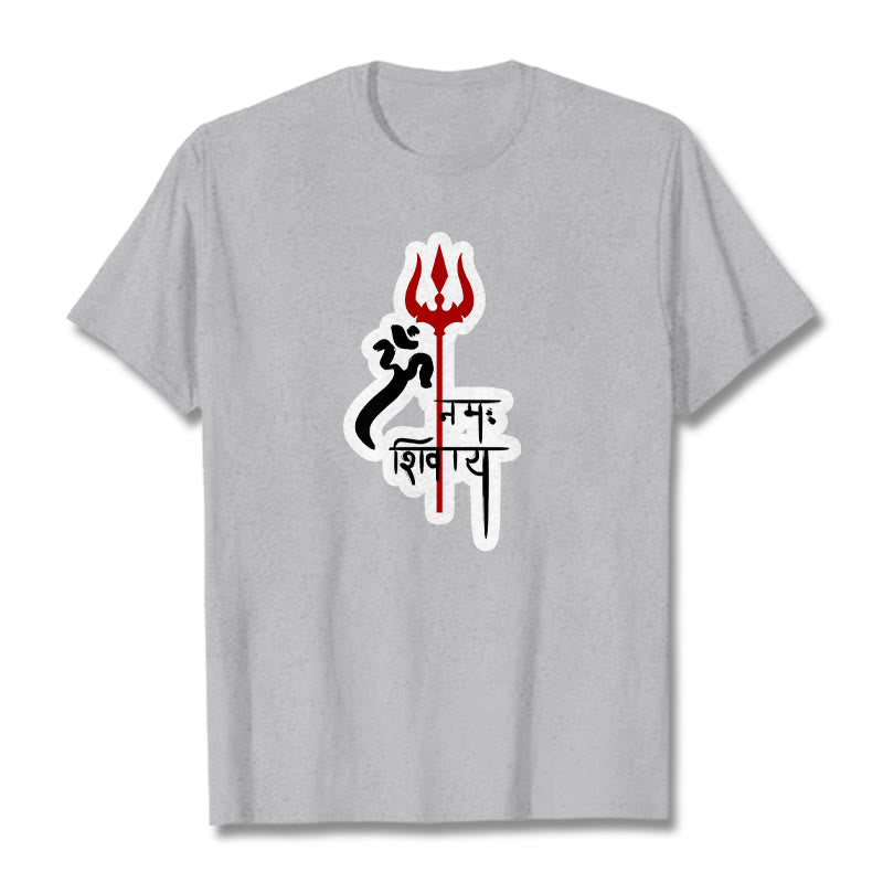 Camiseta de algodón con perfil de tridente rojo OM NAMAH SHIVAYA con Buddha Stones - Gris claro - 2XL - image 17