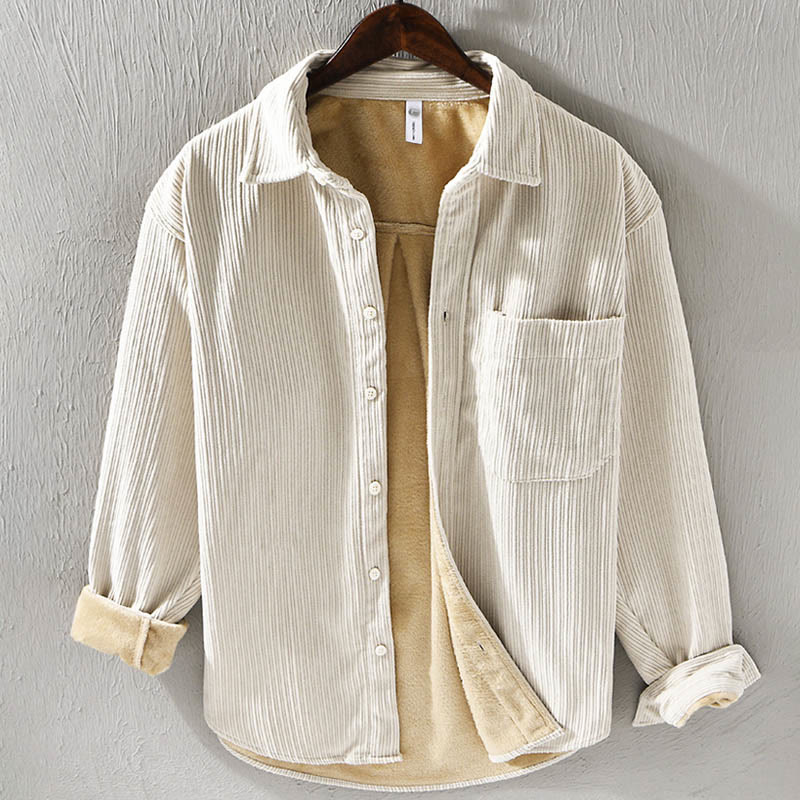 Camisa cómoda de pana con bolsillo, cuello vuelto y manga larga para hombre de Buddha Stones - Beige - US/UK/AU40, UE 50 (3XL) - image 0