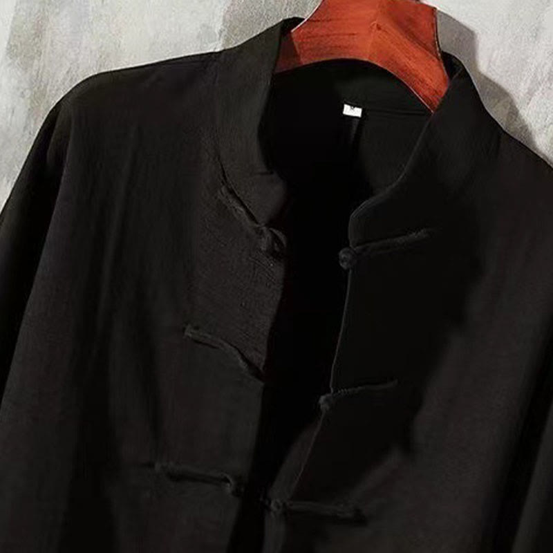 Camisa de lino cómoda con cuello alto y manga larga con botones de rana y bolsillo para hombre de Buddha Stones - image 8