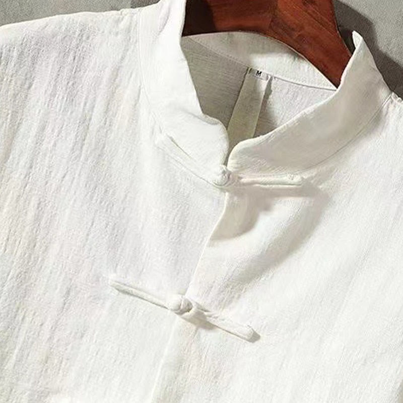 Camisa de lino cómoda con cuello alto y manga larga con botones de rana y bolsillo para hombre de Buddha Stones - image 3