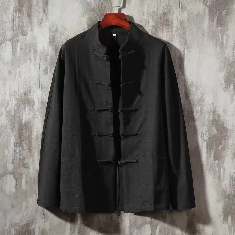 Camisa de lino cómoda con cuello alto y manga larga con botones de rana y bolsillo para hombre de Buddha Stones - Negro - US/UK/AU46, EU56 (5XL) - image 7
