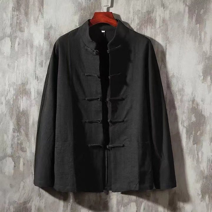 Camisa de lino cómoda con cuello alto y manga larga con botones de rana y bolsillo para hombre de Buddha Stones - Negro - US/UK/AU46, EU56 (5XL) - image 7