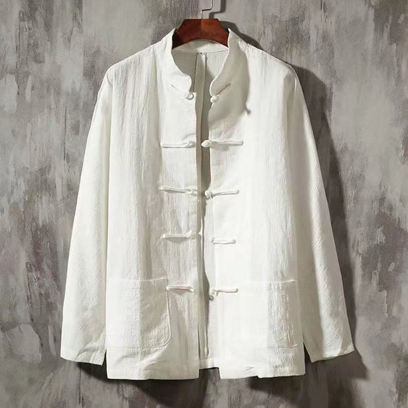 Camisa de lino cómoda con cuello alto y manga larga con botones de rana y bolsillo para hombre de Buddha Stones - Blanco - US/UK/AU46, EU56 (5XL) - image 1