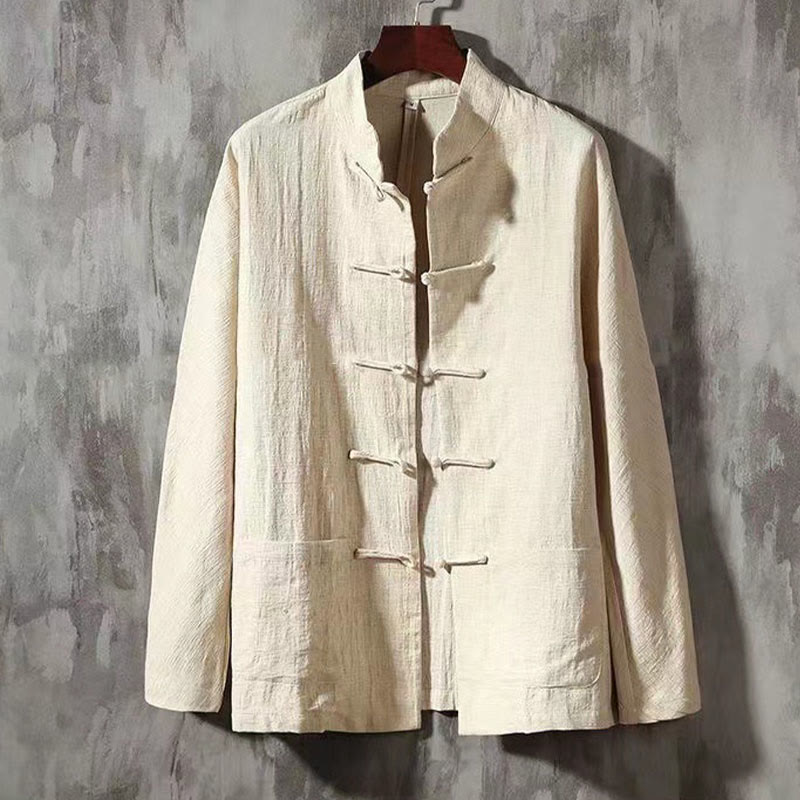 Camisa de lino cómoda con cuello alto y manga larga con botones de rana y bolsillo para hombre de Buddha Stones - Barba de maíz - US/UK/AU46, EU56 (5XL) - image 11
