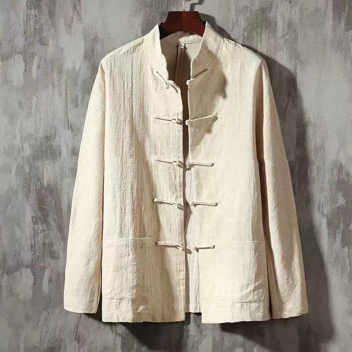 Camisa de lino cómoda con cuello alto y manga larga con botones de rana y bolsillo para hombre de Buddha Stones - Barba de maíz - US/UK/AU46, EU56 (5XL) - image 11