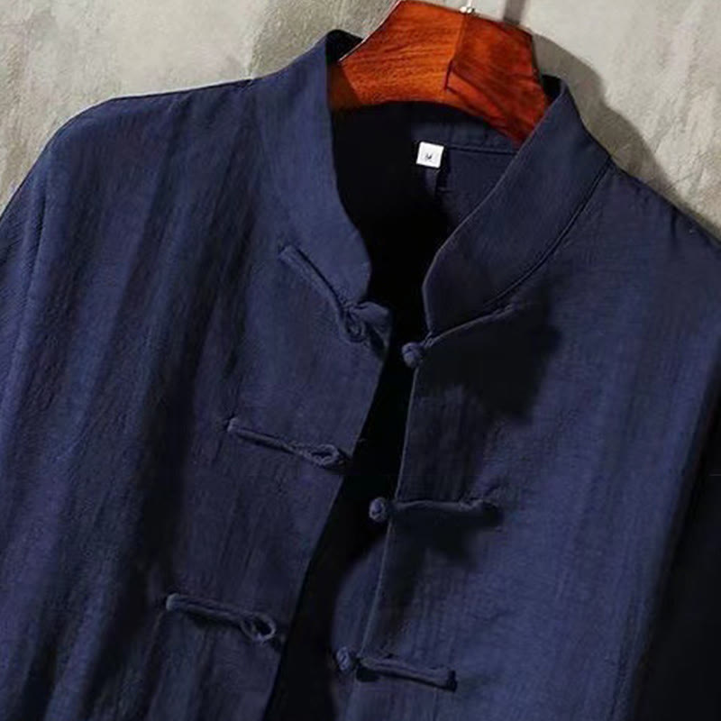 Camisa de lino cómoda con cuello alto y manga larga con botones de rana y bolsillo para hombre de Buddha Stones - image 9