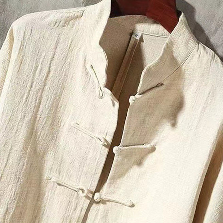 Camisa de lino cómoda con cuello alto y manga larga con botones de rana y bolsillo para hombre de Buddha Stones - image 12