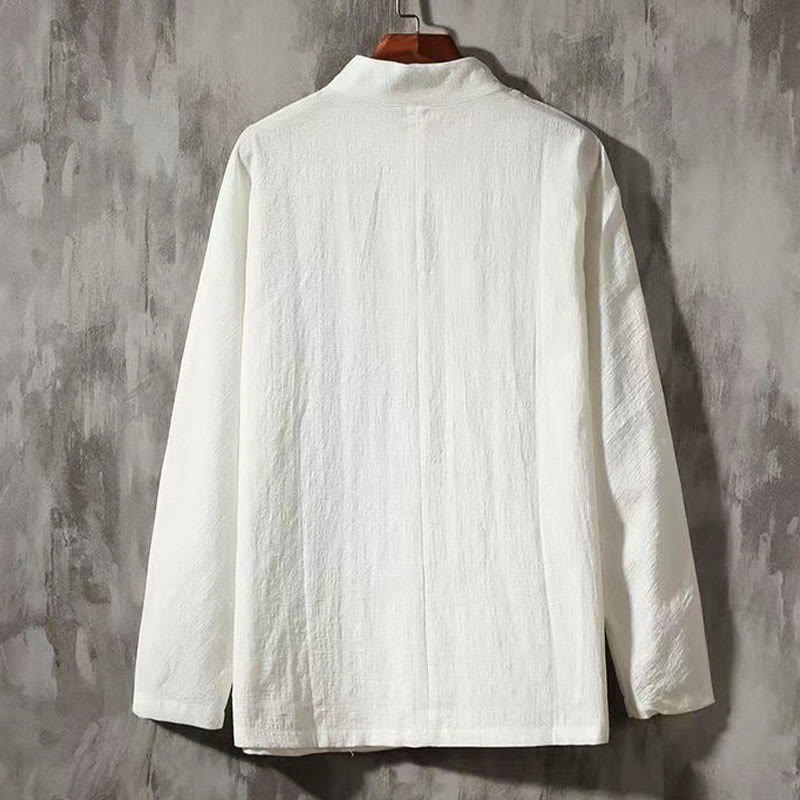 Camisa de lino cómoda con cuello alto y manga larga con botones de rana y bolsillo para hombre de Buddha Stones - image 1