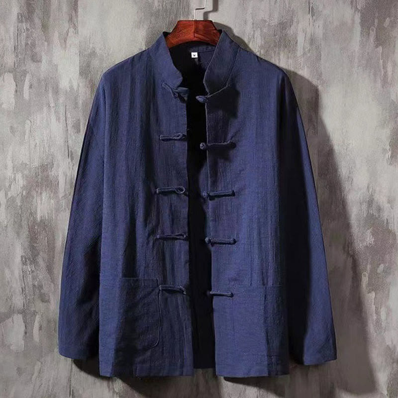 Camisa de lino cómoda con cuello alto y manga larga con botones de rana y bolsillo para hombre de Buddha Stones - Azul medianoche - US/UK/AU46, EU56 (5XL) - image 8