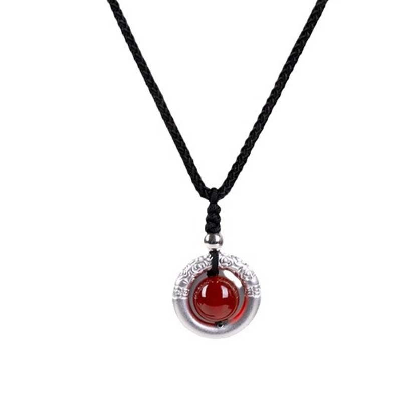 Collar con colgante de plata de ley 999 con Buddha Stones y hebilla de paz con ágata roja