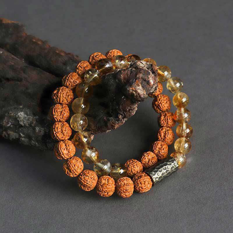 Pulsera de doble vuelta con protección de semillas de Bodhi, sándalo y citrino con Buddha Stones