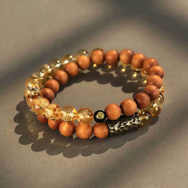 Pulsera de doble vuelta con protección de semillas de Bodhi, sándalo y citrino con Buddha Stones