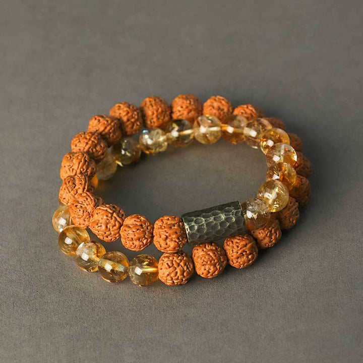 Pulsera de doble vuelta con protección de semillas de Bodhi, sándalo y citrino con Buddha Stones