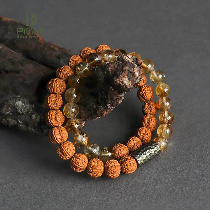 Pulsera de doble vuelta con protección de semillas de Bodhi, sándalo y citrino con Buddha Stones