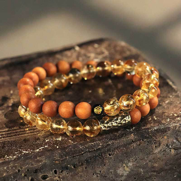 Pulsera de doble vuelta con protección de semillas de Bodhi, sándalo y citrino con Buddha Stones