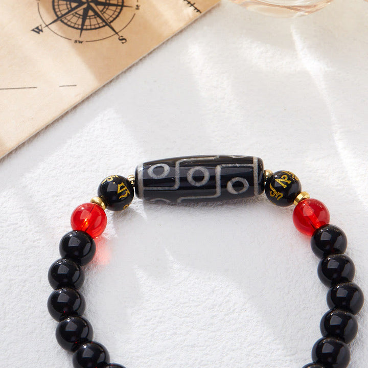 Pulsera de protección de riqueza con seis palabras verdaderas y cuentas Dzi tibetanas de nueve ojos y Buddha Stones de ónix negro