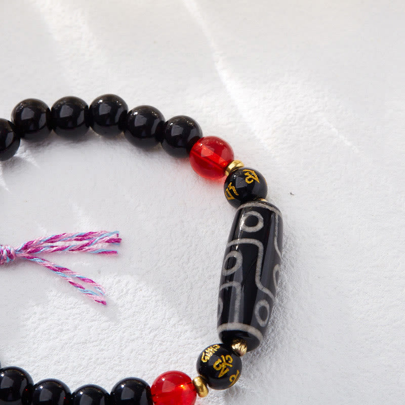 Pulsera de protección de riqueza con seis palabras verdaderas y cuentas Dzi tibetanas de nueve ojos y Buddha Stones de ónix negro