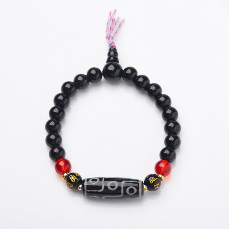 Pulsera de protección de riqueza con seis palabras verdaderas y cuentas Dzi tibetanas de nueve ojos y Buddha Stones de ónix negro