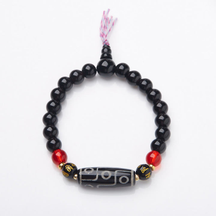 Pulsera de protección de riqueza con seis palabras verdaderas y cuentas Dzi tibetanas de nueve ojos y Buddha Stones de ónix negro