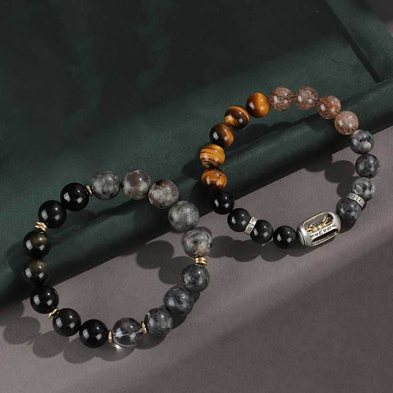 Pulsera de protección de riqueza con seis palabras verdaderas, obsidiana, piedra de lava, ojo de tigre y ónix negro con brillo dorado y Buddha Stones en plata de ley 925