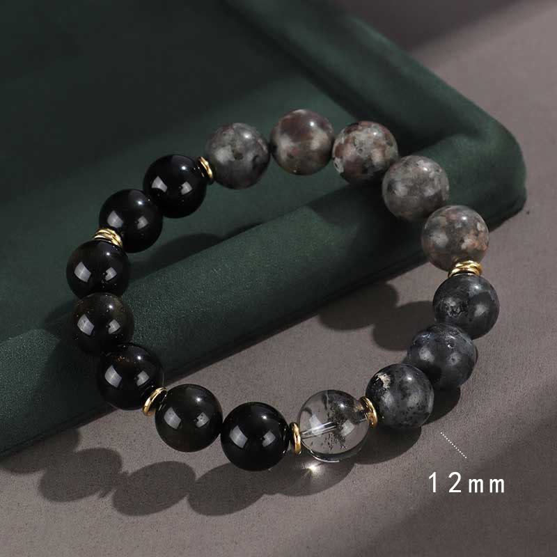 Pulsera de protección de riqueza con seis palabras verdaderas, obsidiana, piedra de lava, ojo de tigre y ónix negro con brillo dorado y Buddha Stones en plata de ley 925