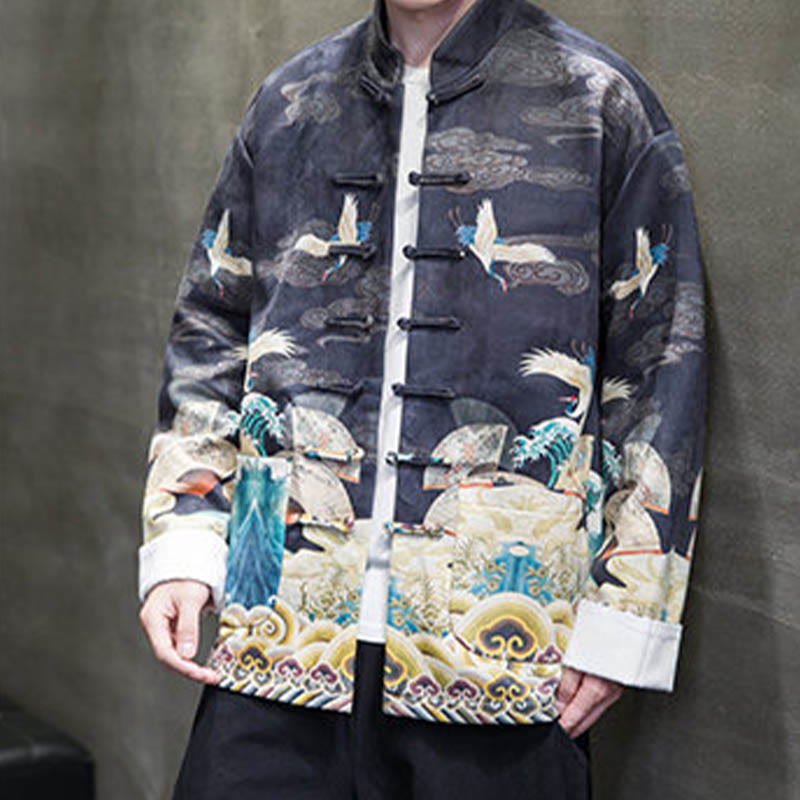 Chaqueta de gamuza de algodón para hombre, camisa larga con Buddha Stones , traje chino Tang, personaje de grulla - image 9