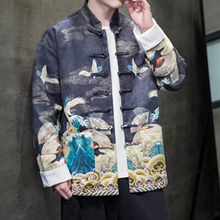 Chaqueta de gamuza de algodón para hombre, camisa larga con Buddha Stones , traje chino Tang, personaje de grulla - image 11
