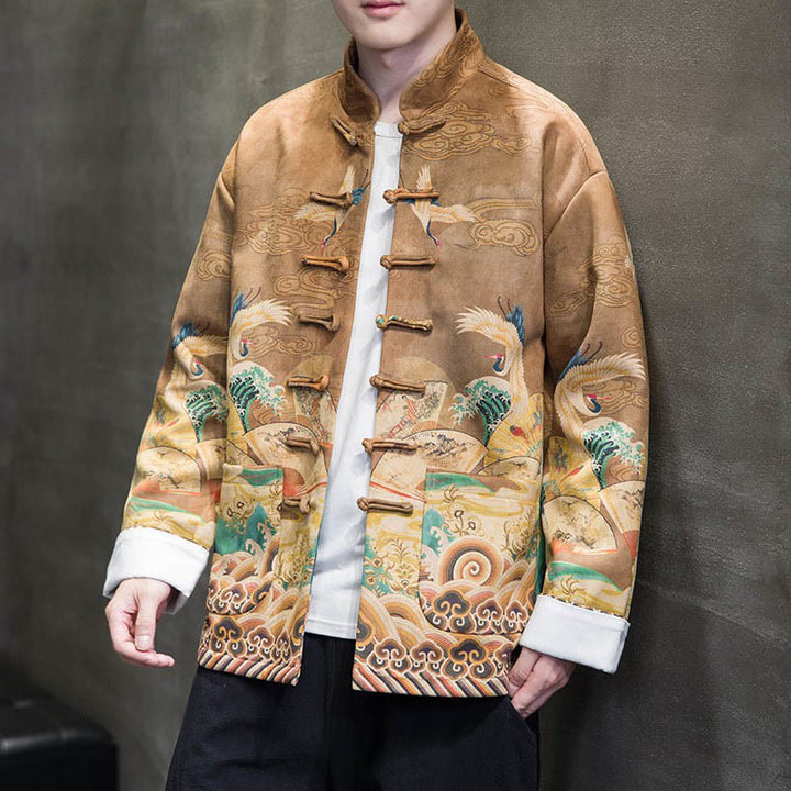 Chaqueta de gamuza de algodón para hombre, camisa larga con Buddha Stones , traje chino Tang, personaje de grulla - Vara de oro - US/UK/AU46, EU56 (5XL) - image 0