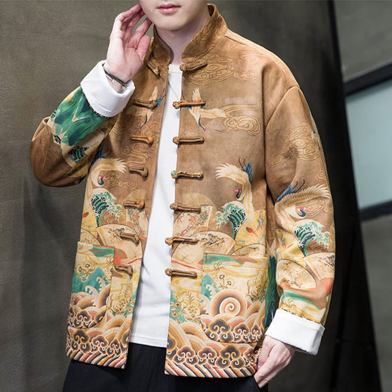 Chaqueta de gamuza de algodón para hombre, camisa larga con Buddha Stones , traje chino Tang, personaje de grulla - image 1