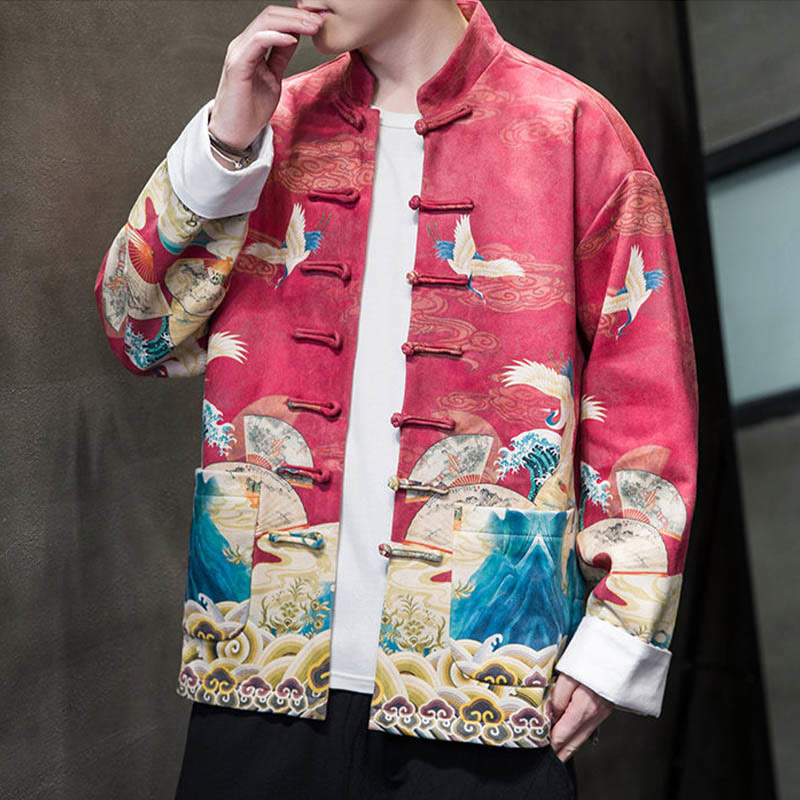 Chaqueta de gamuza de algodón para hombre, camisa larga con Buddha Stones , traje chino Tang, personaje de grulla - image 17