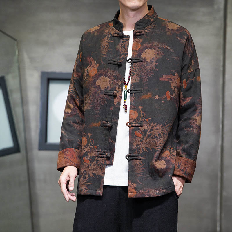 Camisa larga de algodón para hombre, chaqueta y traje chino con botones de rana y Buddha Stones - Negro - US/UK/AU46, EU56 (5XL) - image 1