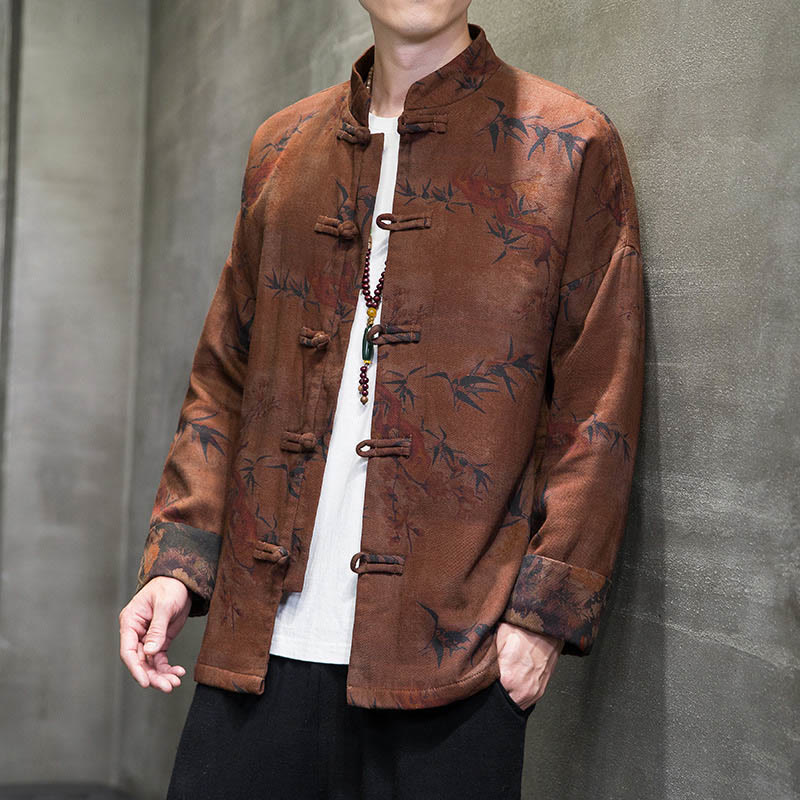 Camisa larga de algodón para hombre, chaqueta y traje chino con botones de rana y Buddha Stones - Vara de oro oscura - US/UK/AU46, EU56 (5XL) - image 11