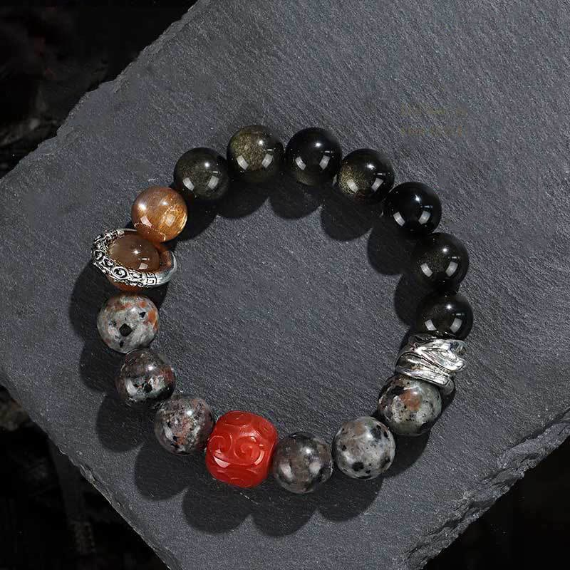 Pulsera protectora de ágata roja, obsidiana y roca de lava con brillo dorado de Buddha Stones