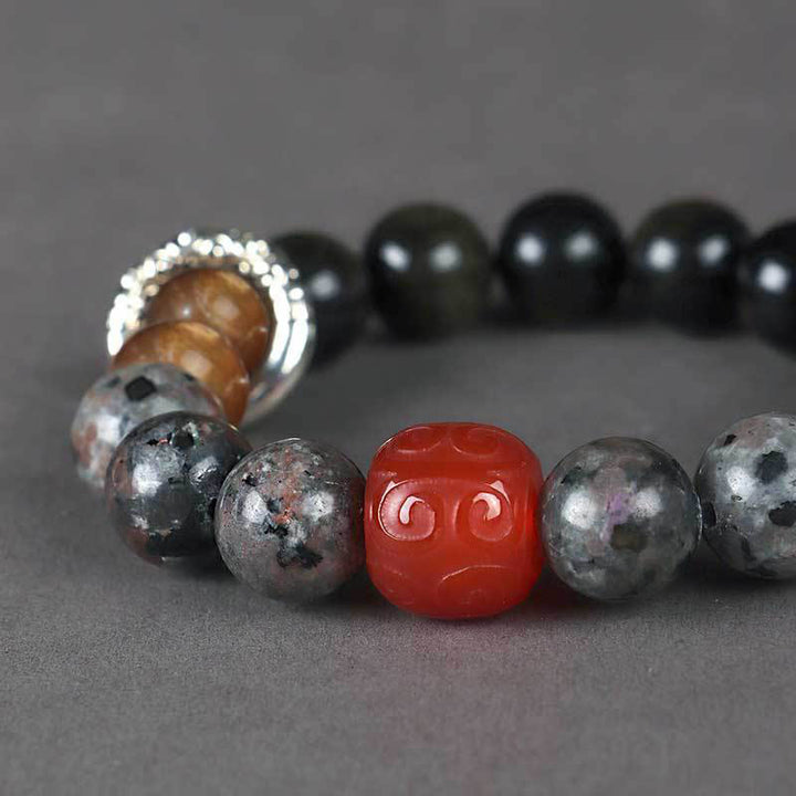 Pulsera protectora de ágata roja, obsidiana y roca de lava con brillo dorado de Buddha Stones