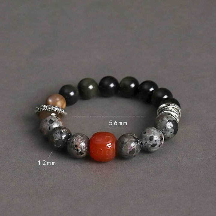 Pulsera protectora de ágata roja, obsidiana y roca de lava con brillo dorado de Buddha Stones