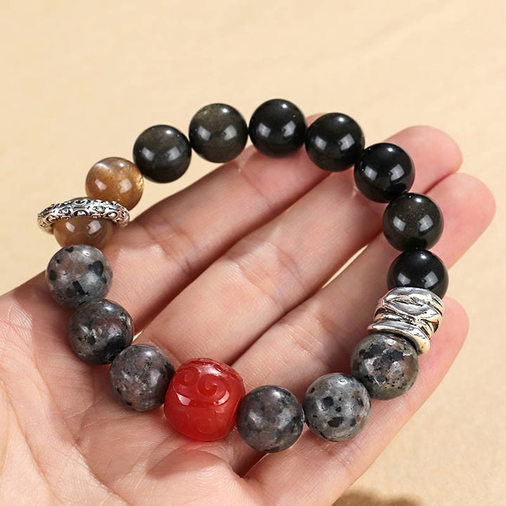 Pulsera protectora de ágata roja, obsidiana y roca de lava con brillo dorado de Buddha Stones