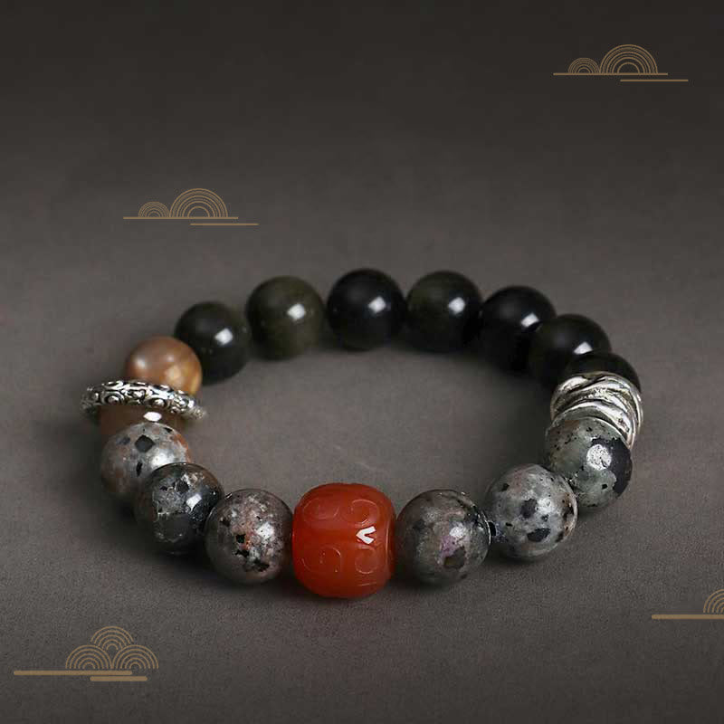 Pulsera protectora de ágata roja, obsidiana y roca de lava con brillo dorado de Buddha Stones