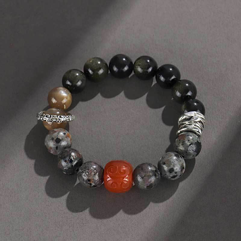 Pulsera protectora de ágata roja, obsidiana y roca de lava con brillo dorado de Buddha Stones