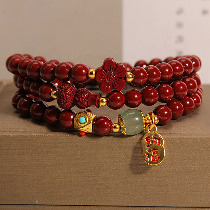 Pulsera de bendición de triple vuelta con forma de calabaza y flor con carácter Fu y Buddha Stones cinabrio