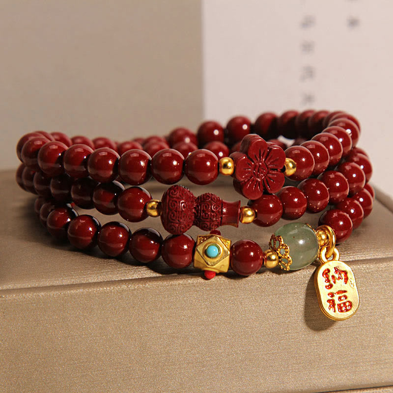 Pulsera de bendición de triple vuelta con forma de calabaza y flor con carácter Fu y Buddha Stones cinabrio