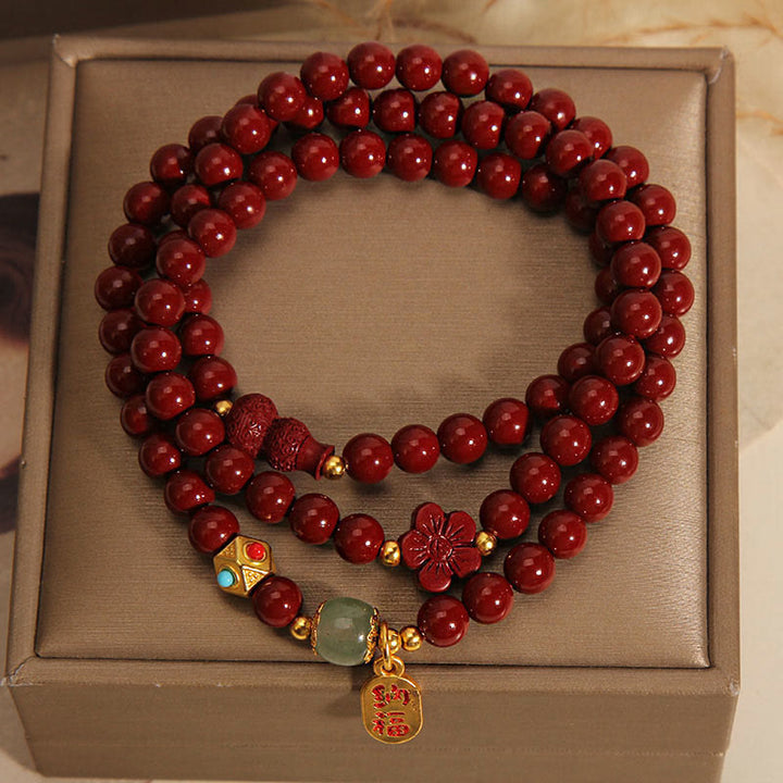 Pulsera de bendición de triple vuelta con forma de calabaza y flor con carácter Fu y Buddha Stones cinabrio