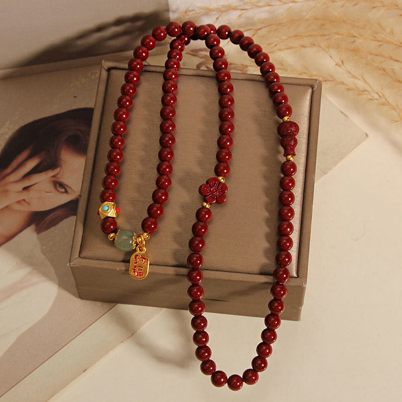 Pulsera de bendición de triple vuelta con forma de calabaza y flor con carácter Fu y Buddha Stones cinabrio