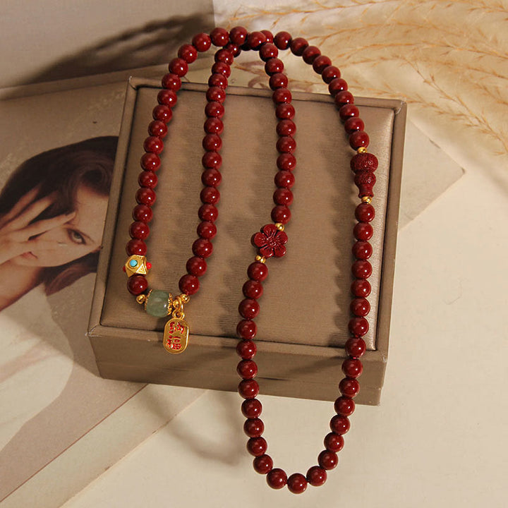 Pulsera de bendición de triple vuelta con forma de calabaza y flor con carácter Fu y Buddha Stones cinabrio