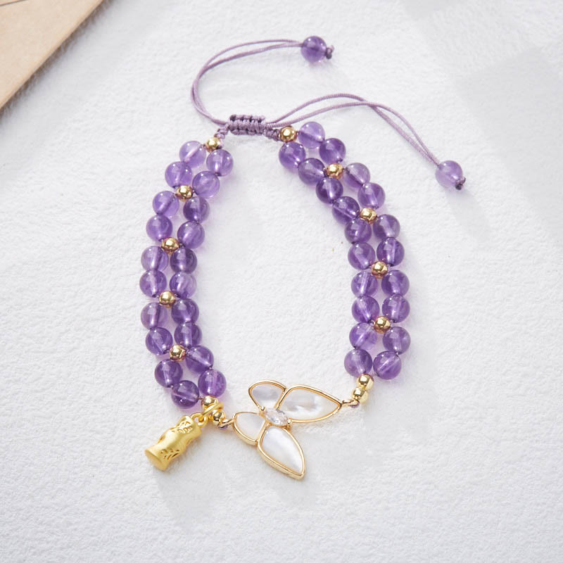 Pulsera de hilo trenzado que alivia el estrés con Buddha Stones, amatista, mariposa y bambú
